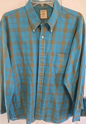 Vintage 60s Arrow Cum Laude Shirt USA Blue Brown Plaid Decron Perma Iron L 16.5
