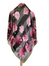 Valentino Silk Scarf Pink Floral Print Black Olive Green Stripe Italy A122