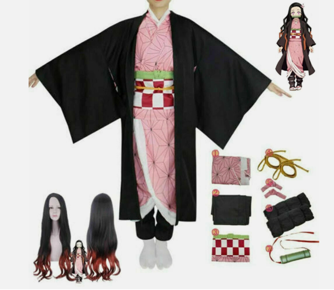 Disfraz de Cazador de Demonios Nezuko Kamado Conjunto + Peluca Halloween Juegos con disfraces Conjunto de Anime