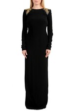 Versace Women's Black Leather Silk Open Back Maxi Evening Dress US XS IT 38