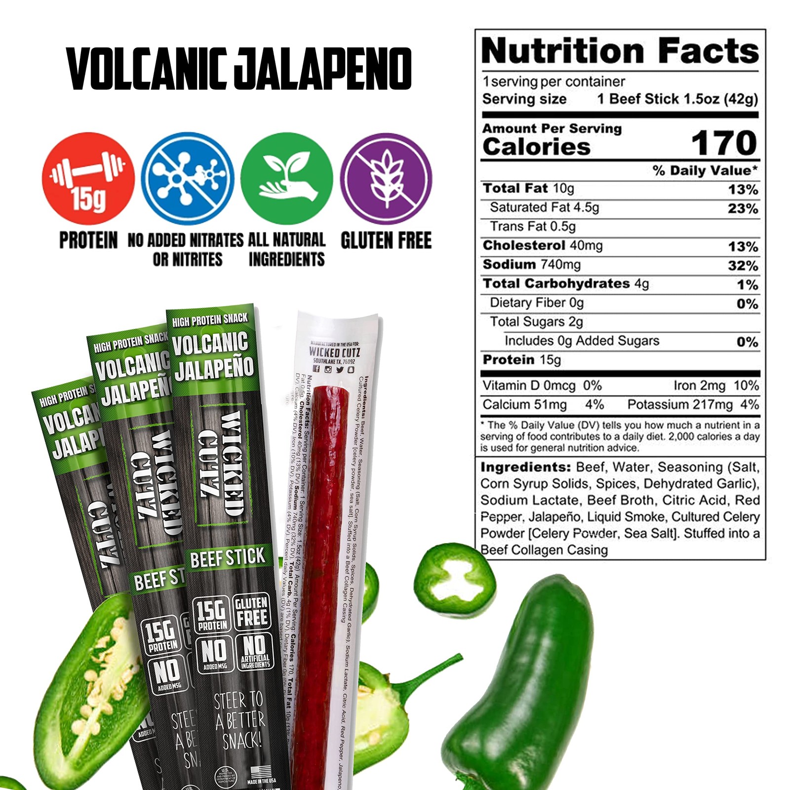 Wicked Cutz Beef Sticks Variety Pack, 4 Flavors & 15g Protein Per Meat Stick