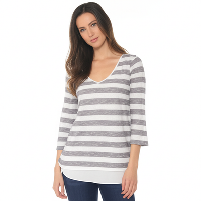 #ad #ad White House Black Market Gray Striped Top Size Medium Split Back Fisherman $9.99