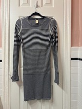 Striped Knit Long Sleeve Sweater Dress Gray Navy Blue Pullover Round Neck S