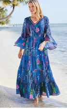 Soft Surroundings Plus-Size Marta Beaded Floral Flutter-Sleeves Maxi Dress Sz 3x