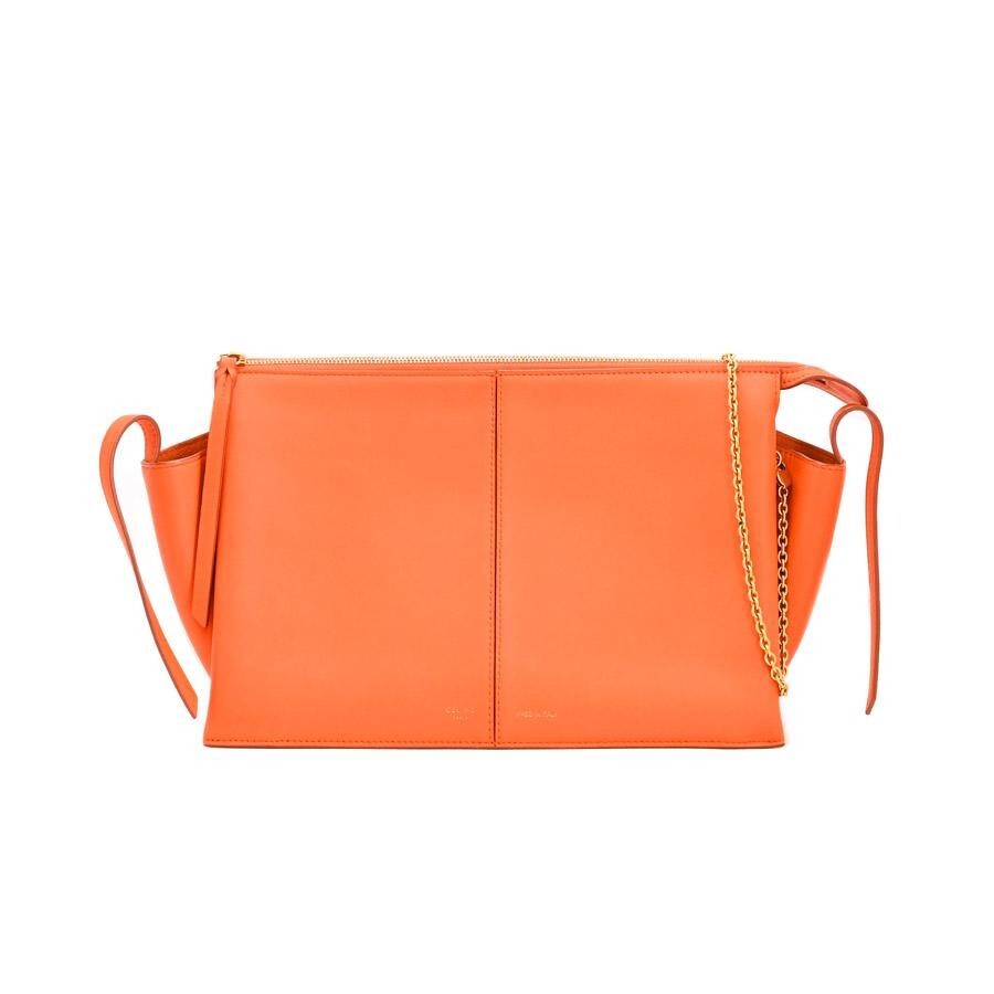 CELINE Tri Fold Shoulder Bag Leather Orange Gold Hardware Chain Strap