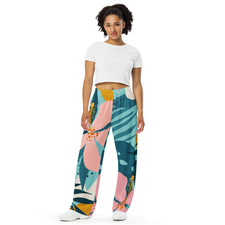 Women's Tropical Floral Lounge Pants Wide-Leg Pockets Drawstring Jersey