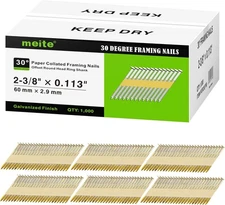 1000 Pk 30 Degree Framing Nails 2-3/8" x .113 Ring Shank Electro-Galvanized Tape
