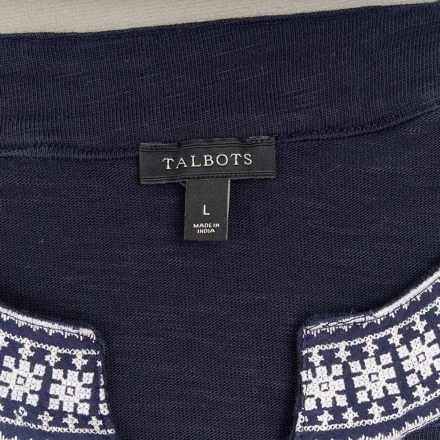 TALBOTS Shift Dress Sz L Navy Cotton Knit Preppy Nautical Embroidered Neckline - Image 4 of 4