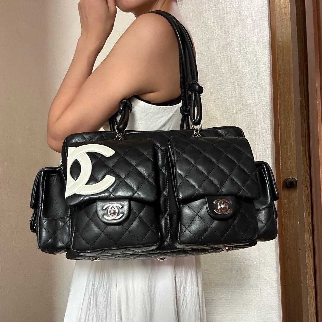 Rare CHANEL Cambon Line Multi Pocket Handbag Black Lambskin A25173