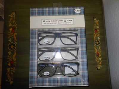 M by MAXSTUDIO +2.00 Reading Glasses 3 Pairs BOXED BLUE GRAY BLACK