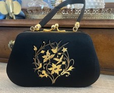 Vintage Black Minaudiere Evening Bag with Gold Metal Decoration Kisslock Closure