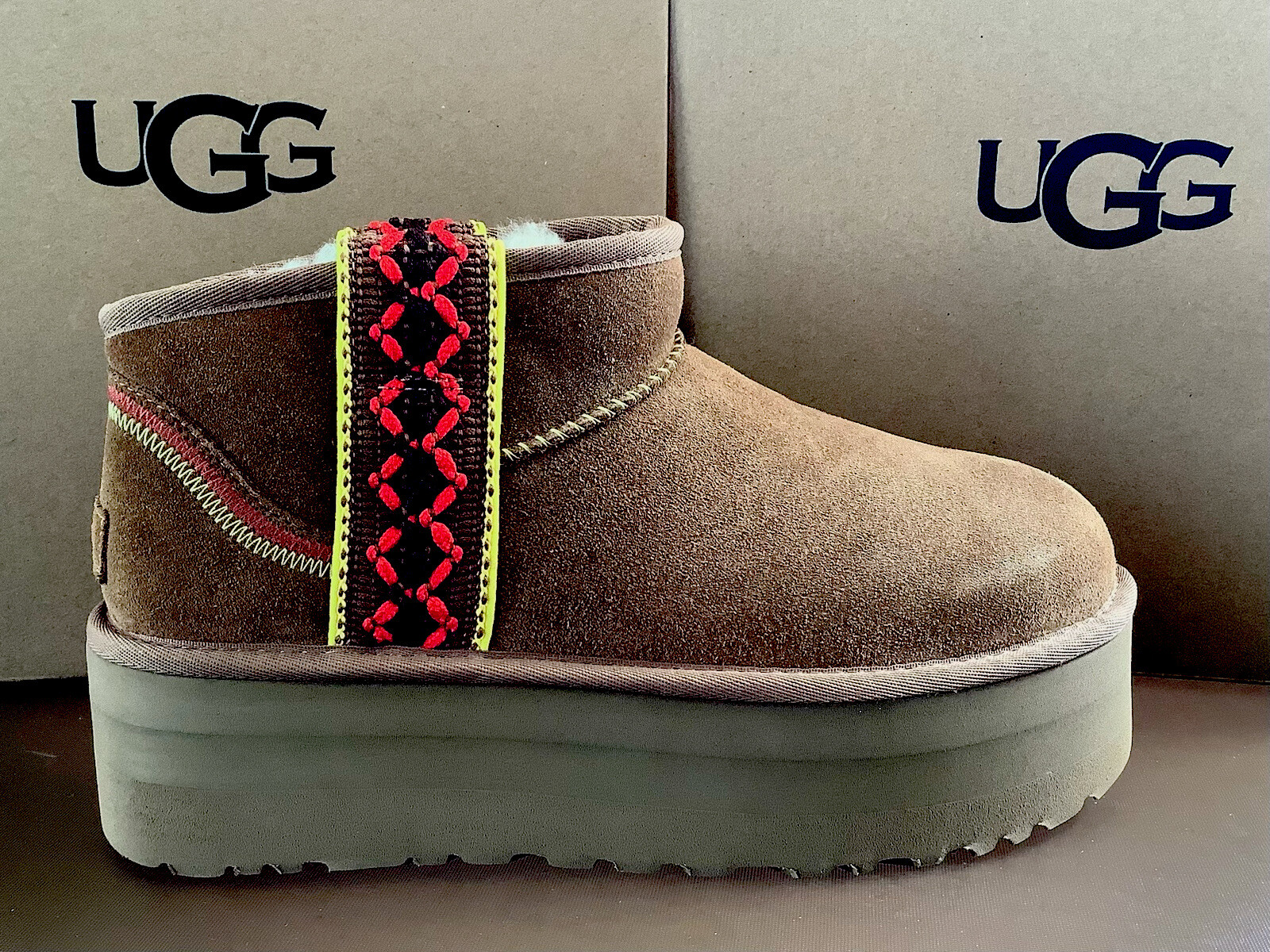 UGG CLASSIC ULTRA MINI BRAID PLATFORM CHESTNUT SUEDE WOMEN'S BOOTS SIZE 10 NIB image 5