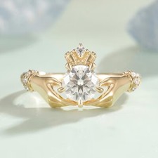 1.4 Ct Round Engagement Anniversary Irish Claddagh Ring 14k Yellow Gold Finish