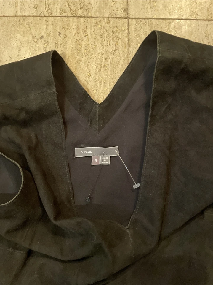 VINCE Women Black Suede & Leather V Neck Sleeveless Tank Vest Top Size 4 - Image 4 of 4