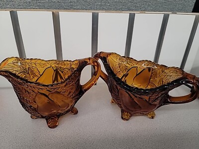 Vintage Cream Sugar Set Amber Indiana Glass Sweet Pear Tiara  Retro 70 s 