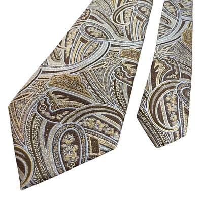 Alan Flusser Necktie Men Brown White Embroidered Paisley 100% Silk Luxury Tie