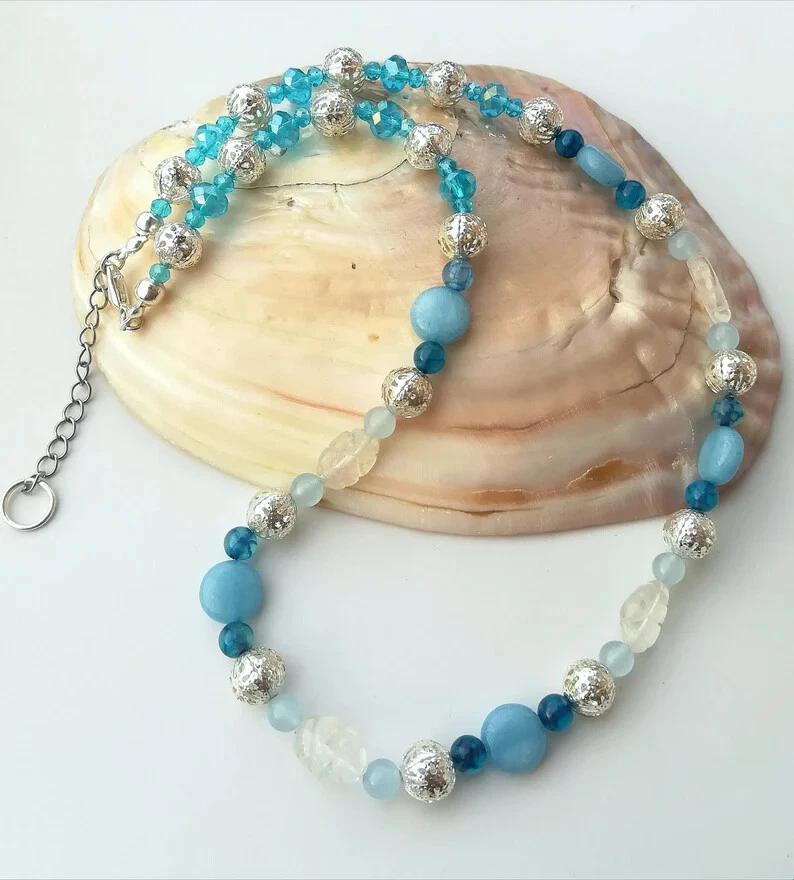 COLLANA ACQUAMARINA NATURALE, TOPAZIO AZZURRO, AGATA BLU E FILIGRANA D'ARGENTO - Immagine 4 di 4