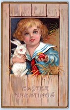 Postcard Easter Greetings Little Girl Holding Rabbit Bunny Winsch Back HE10