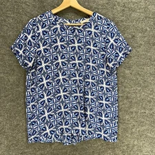 Loft Blouse Women S Small Blue Geometric Crew Neck Short Sleeve Button Casual