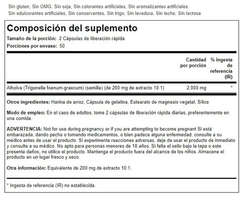 Fenogreco FENUGREEK 2.000mg 100 caps quick release Diabetes, Aumento del busto - Imagen 5 de 5