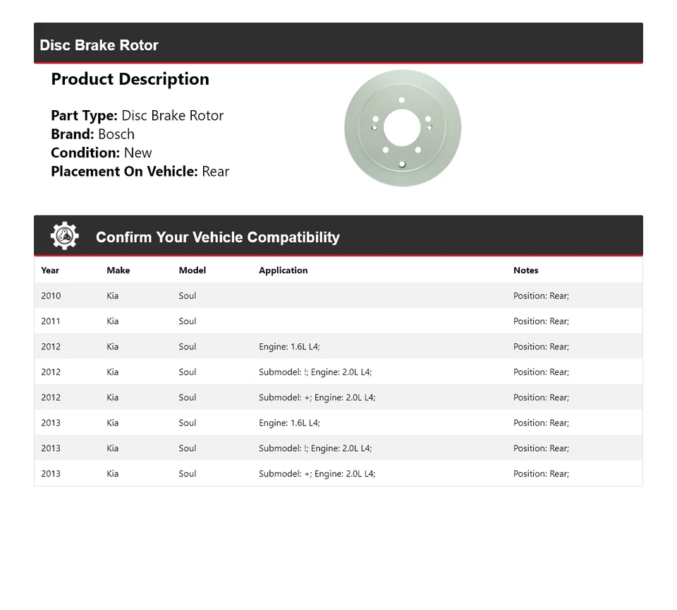 Для 2010-2013 Kia Soul Bosch тихий литой дисковый тормоз ротор задний 2011 2012 - Изображение 2 из 4