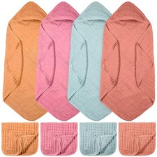 8 Pcs Baby Muslin Hooded Bath Towels and Washcloths, 32 x 32 Inch Muslin Cott...