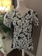 Disney Minnie Mouse Scrub Top womens XL Black White V-Neck short Sleeve Pockets