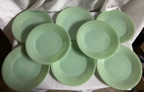 Fire King Jadeite 9" Dinner Plate Ribbed Green Round Oven Ware Lot Of 8