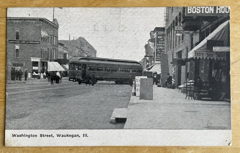 Lithograph. Trolley Making Corner At Washington Street In Waukegan, Illinois