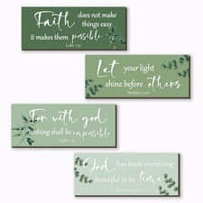 4 Pieces Christian Bible Verses Wall Decor Wooden Religious Art Green Sage Ba...