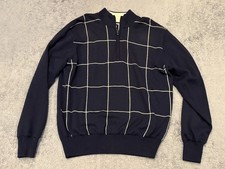 Footjoy Pullover 1/4 Zip Lined Wool Golf Sweater Jacket Mens M Navy Blue Plaid