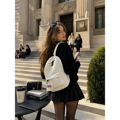 NEW Women's Polka Dot Canvas Backpack White Cute School Travel Backpack w/ Pins