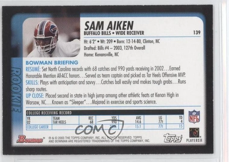 2003 Bowman Gold Sam Aiken #139 Rookie RC - Image 2 of 2