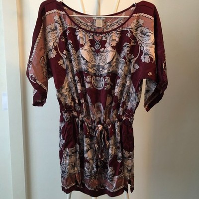 CACHE 100% SILK KIMONO SLEEVE TUNIC TOP DRAWSTRING WAIST S NWOT