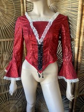 Red Renaissance Corset Top   Lace Trim Bell Sleeve Victorian Goth Vampire Top XS
