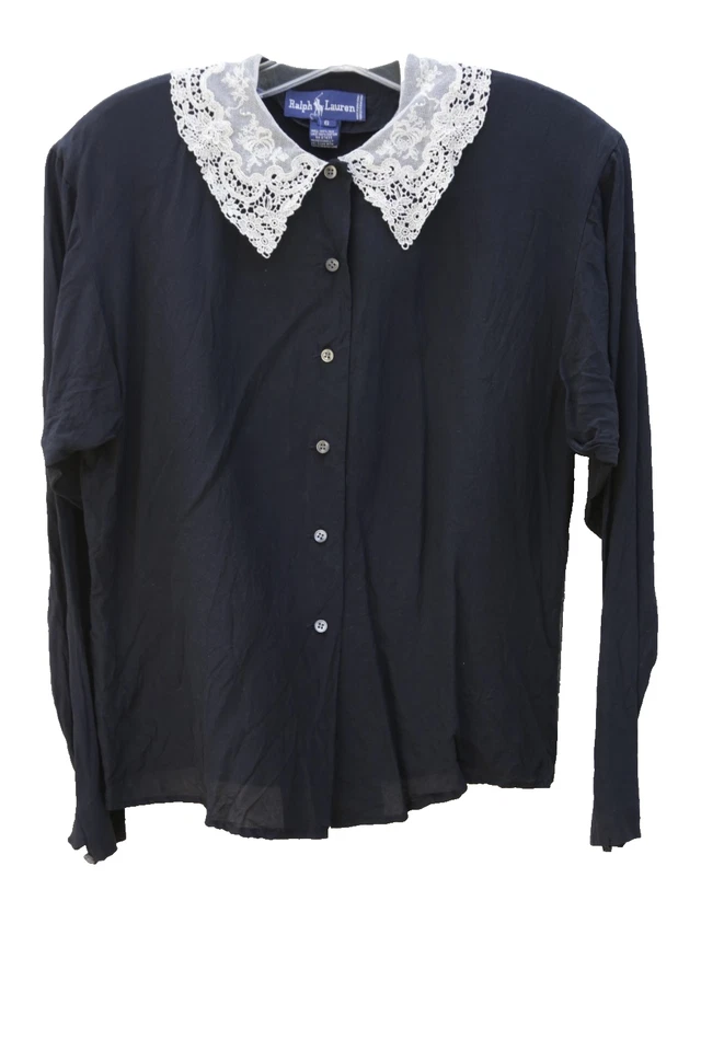复古优雅 Ralph Lauren 黑色丝绸衬衫蕾丝领纽扣 6 码