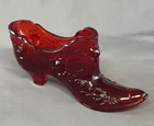 Vintage Fenton Ruby Red Art Glass Heeled Cabbage Rose Slipper Shoe - NICE!