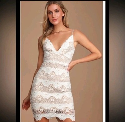 Design Lab White Eyelet Mini Dress White Lace Over Beige Slip M Spaghetti Strap Design Lab White Eyelet Mini Dress White Lace Over Beige Slip M Spaghetti Strap