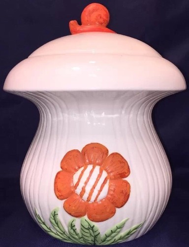MUSHROOM Shaped CERAMIC COOKIE JAR White Vtg 1976 Hand Painted - Picture 9 of 12