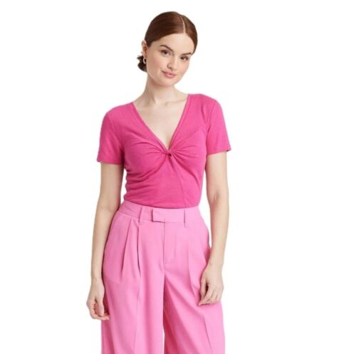 A New Day Womens Size XL Deep Pink Twisted V-Neck Linen Short Sleeve T-Shirt