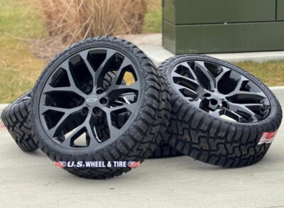 NEW - SET OF 24'' GLOSS BLACK SNOWFLAKE WHEELS ON 33x12.50R24 HAIDA RT TIRES