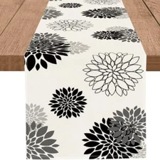 Black Gray Table Runner Dahlia Pinnata Flower Beige Table Runners Modern 