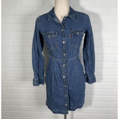 Levis Dress Women XS Blue Denim Button Western Fitted Jean Red Bat Wing