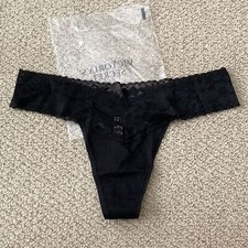NEW Victoria s Secret Lacy Hem Thong Panties Lingerie Black Medium NWT String