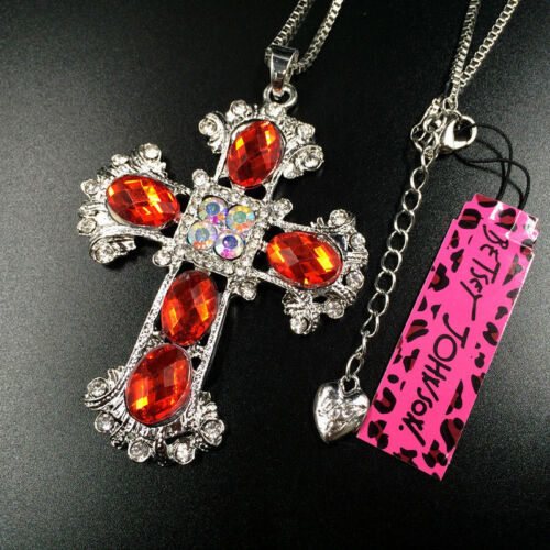 Lovely Betsey Johnson Red Crystal Silver Cross Pendant Chain Sweater Necklace - Picture 1 of 1