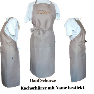   Schürze Kochschürze aus Hanf bestickt mit Name Text Hochwertig Grillschürze  