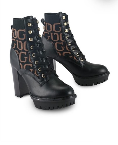 New GUESS Women's Grows-R Ankle Boots Knit Logo Platform Black/brown Size 8