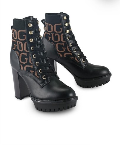 New GUESS Women's Grows-R Ankle Boots Knit Logo  Platform Black/brown Size 8 - Picture 1 of 4