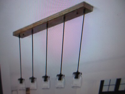 Uolfin Industrial Kitchen Island Faux Wood Chandelier Farmhouse 5-Light w Jars