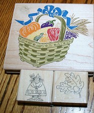 3 RUBBER STAMPS, POSH IMPRESSIONS P568G WOOD, FALL BOUNTIFUL BASKET WITCH ACORN